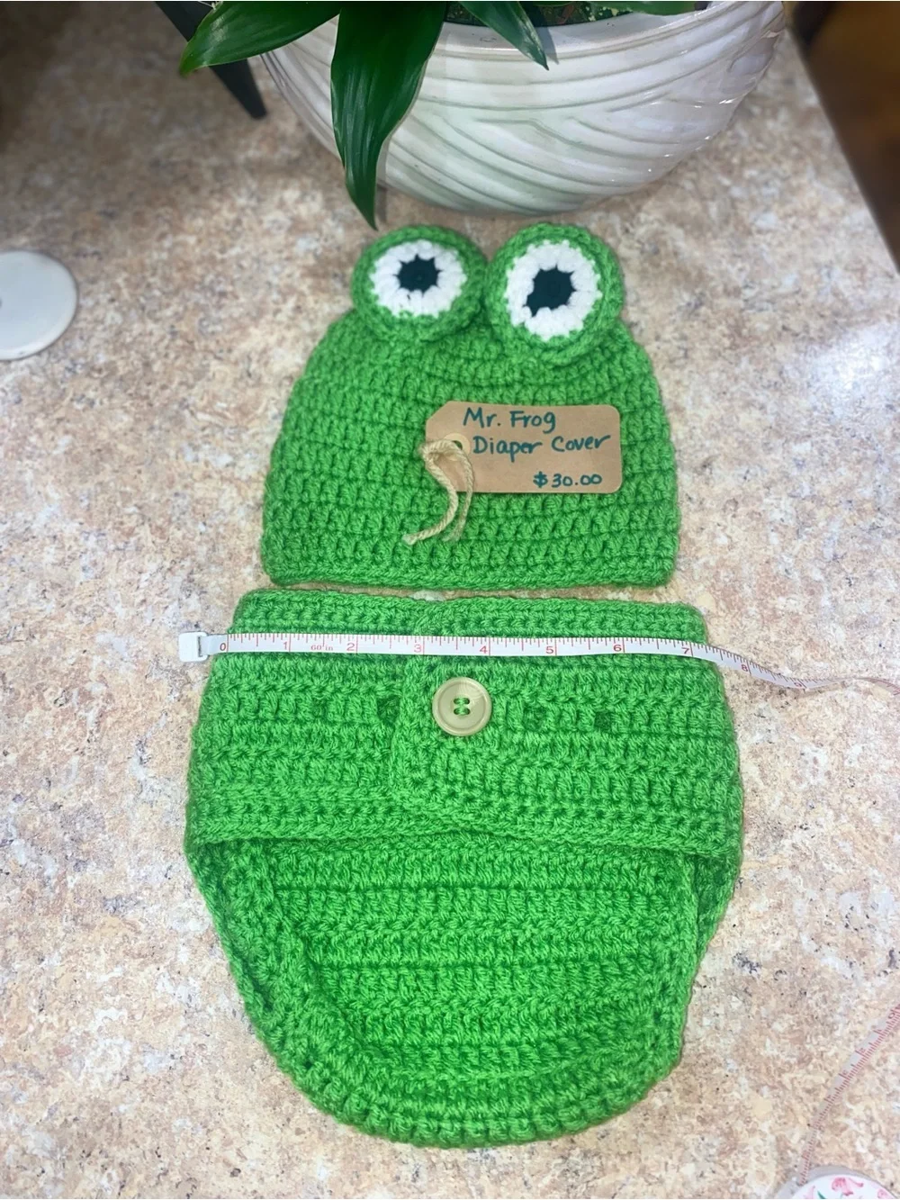 Handmade Green Frog Crochet Baby Diaper Cover and Hat Set-Large